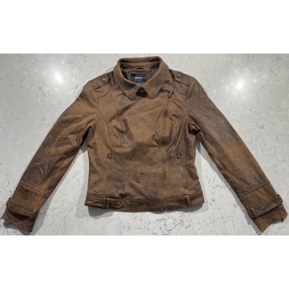 BNCI Blanc Noir Faux Leather Moto Jacket Womens Medium Brown Distressed‎ Biker
